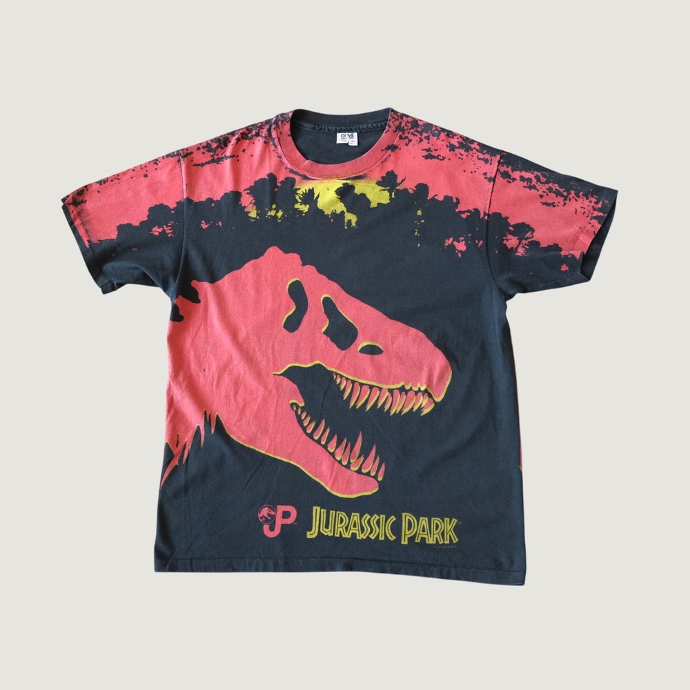 Jurassic Park T Shirt All Over Print Red T-Rex Jungle Graphic XL Vintage 90s